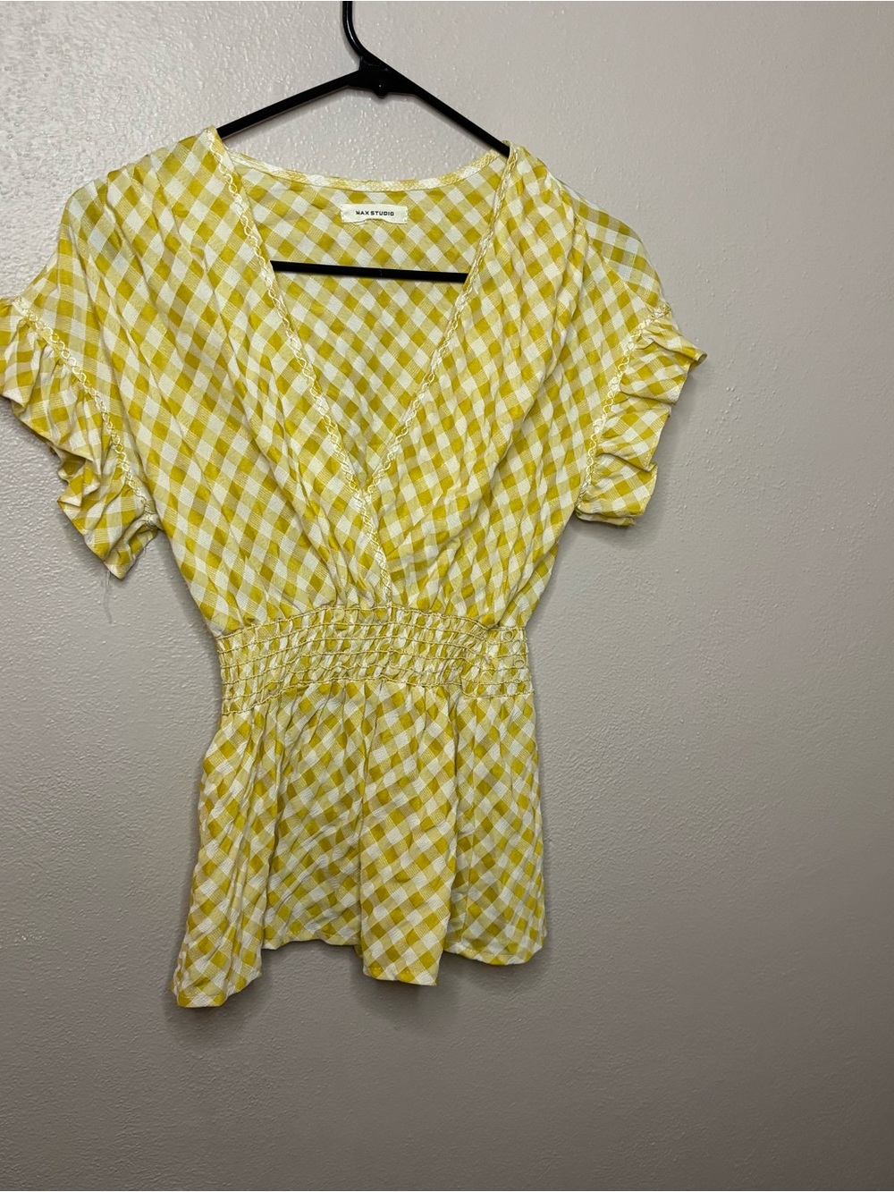 Max Studio Yellow Gingham Smocked Peplum Top women’s medium